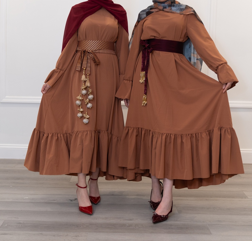 A wide brick-colored dress